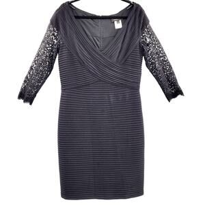 Tadashi Shoji Black Ribbed V-Neck Bodycon 3/4 Lace Sleeves Dress Women's Size XL